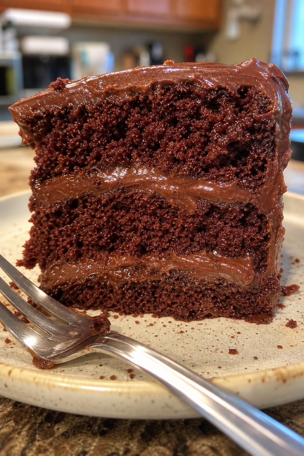 Close-up of a slice of homemade chocolate layer cake on a plate