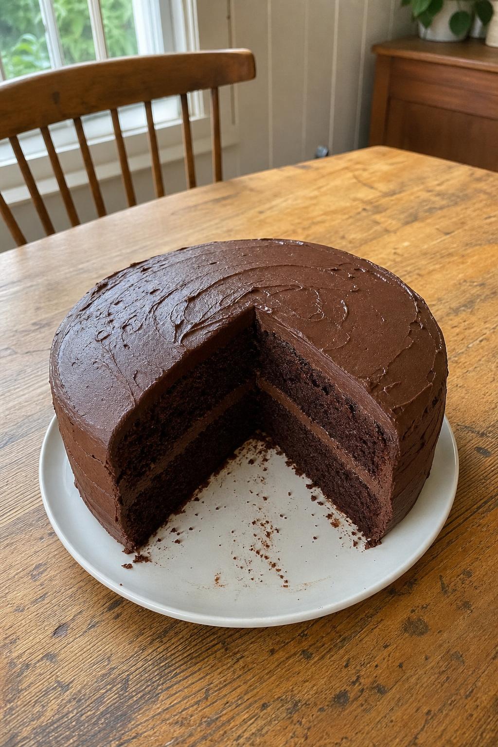 Homemade chocolate cake with a slice cut out, on a wooden kitchen table